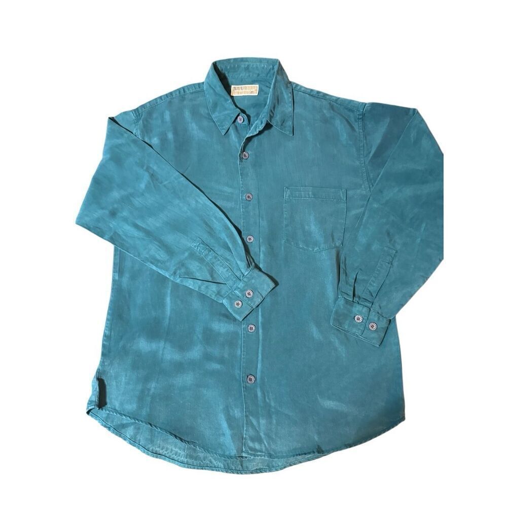 Weekendz off Men's long sleeve button-down teal tencel casual shirt L